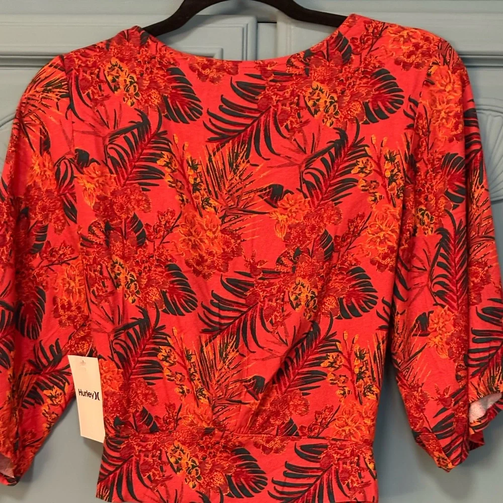 NWT Hurley Summer Palm Flounce Top orange red palm print - deep v tie back - Picture 8 of 8